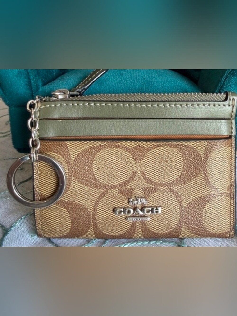 Coach Tan Signature Canvas Card Case with Olive Green Leather Trim and Key Ring